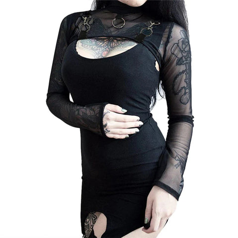 y2k Crop Top Gothic Clothing See Through High Neck Long Sleeve Mesh T Shirt Fairy Grunge Clothes 2000s Streetwear