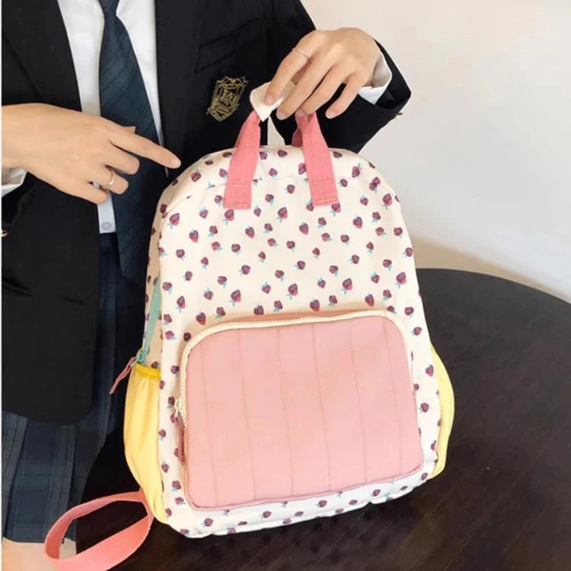 Japanese Kawaii Cute Strawberry Print Backpack Sweet Y2k Schoolbags Preppy Contrast Color Backpacks for Students