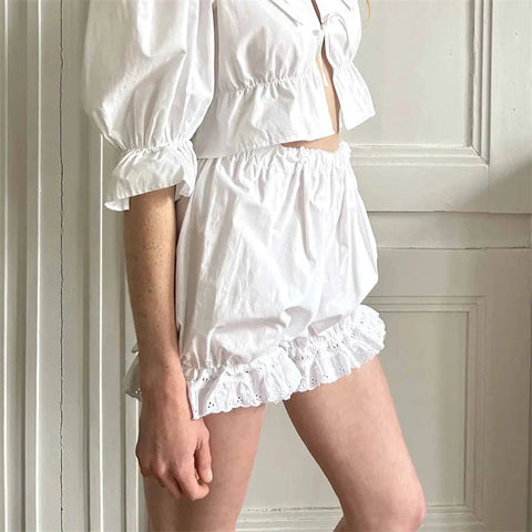 White Bloomers Ruffle Hem Bottoms Solid Color Elastic High Waist Panties Coquette Clothing y2k Victorian Shorts