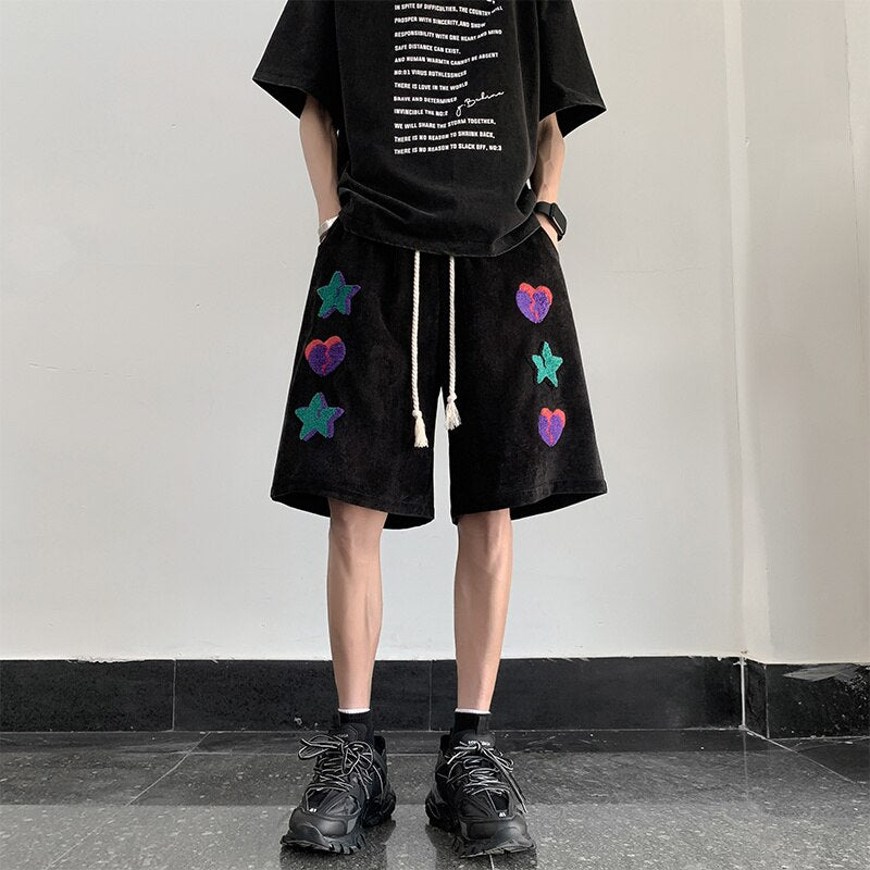 American High Street Y2k Versatile Shorts Ins Red Heart Print Loose Straight Joggers Short Pants Streetwear