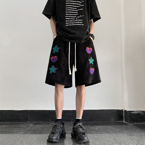 American High Street Y2k Versatile Shorts Ins Red Heart Print Loose Straight Joggers Short Pants Streetwear