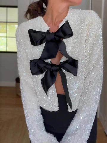 Holiday Tie-front Sequined Jacket For Y2K Shiny Chic Cropped Coat FeElegant Long Sleeve Lady Party Outerwear