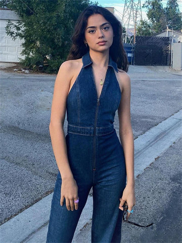 Y2k Denim Jumpsuit V-Neck Sleeveless Slim Bodycon Jumpsuits Overalls Streetwear One Piece Outfits Jeans