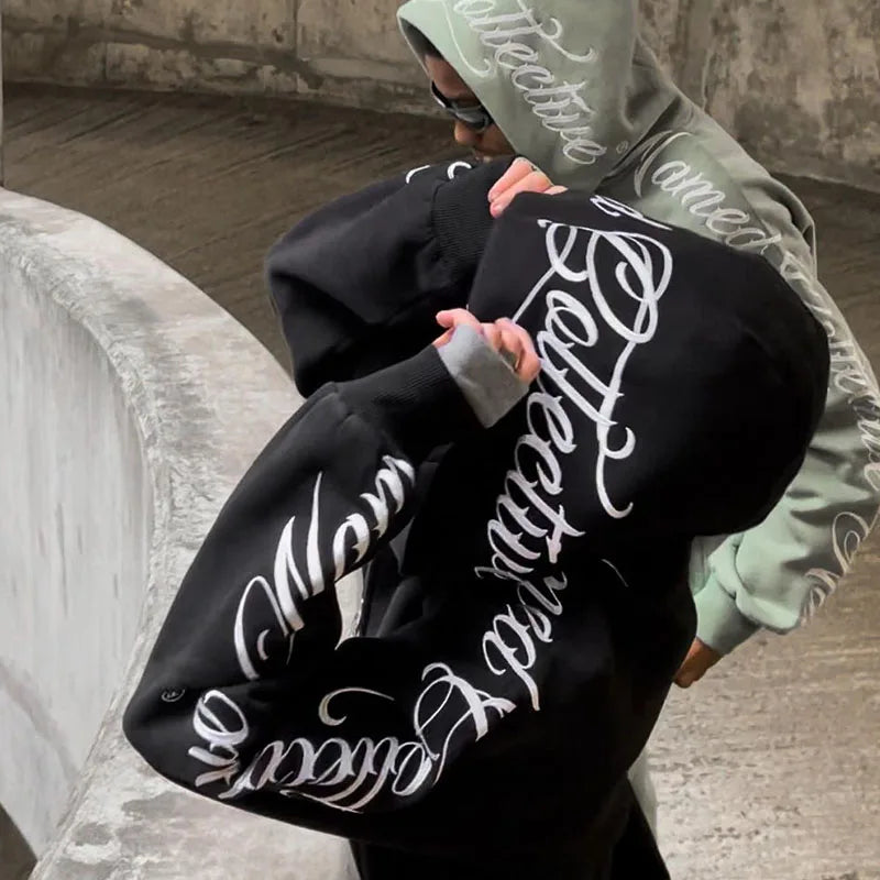 American Winter Sweatshirt Y2k Gothic Hip Hop Couple Hoodies Print Harajuku Zip Up Oversized Punk Grunge Black Jacket