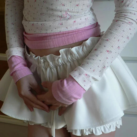 Voguable Japanese Lolita Style A-line Shorts Skirt White Low-waisted Lace-up Tutu Skirts Fairycore Cute Bottoms y2k Kawaii Skirt