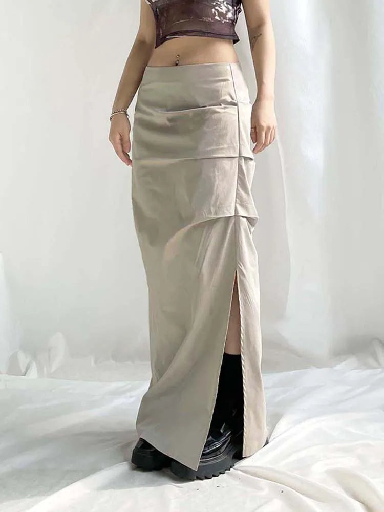 Voguable Elegant Folds Maxi Skirt Streetwear High Waist Straight Slits Long Skirts Lady Harajuku Y2K Retro Outfits