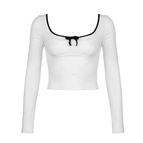 Voguable  Sweet Bow Contrast Patchwork Cropped Top Backless V-neck Slim-fit T-shirts Coquette Y2K Knitted Tees Women