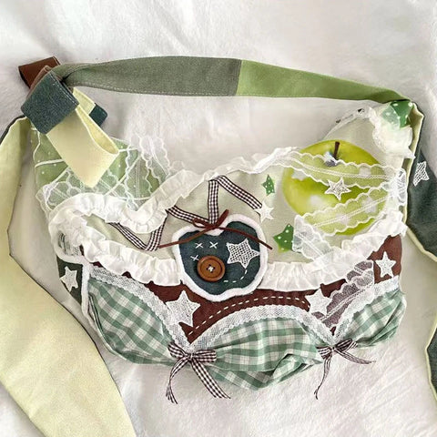 Harajuku Y2k Aesthetic Ins Underarm Bag Contrast Color Plaid Rabbit Ear Canvas Bag Grunge Patchwork Lace Shoulder Handbags