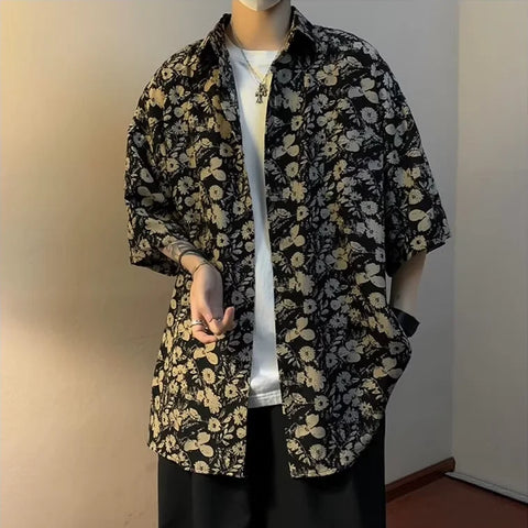 loose casual retro Hong Kong style design niche floral shirt short sleeved ins handsome casual t shirts trend y2k