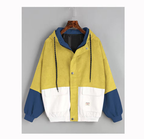 Long Sleeve Cute Colors Combination Hooded Corduroy Jacket