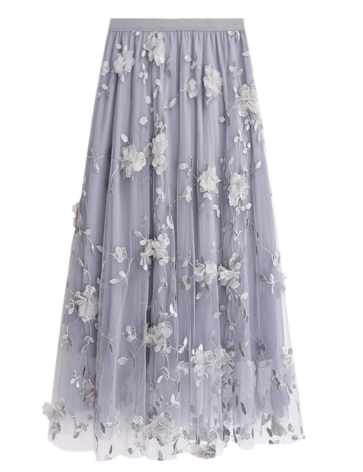 3D Flower Mesh Tulle Long Skirt