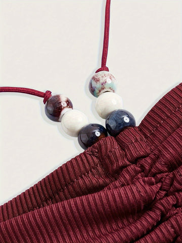 Solid Color Stretchy Polyester Blend Halter Neck Top - Y2K-Inspired Beaded Detail, Perfect for All Seasons