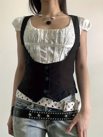 Y2K Casual Street Row Button Tailcoat Flap Sleeveless Low-Cut Shapewear Slimming Waistcoat Vest for Women