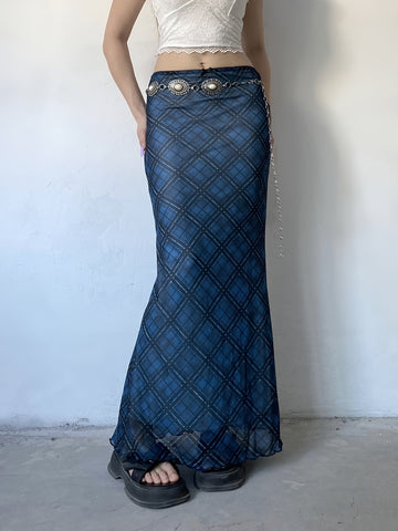 Y2K-Inspired Vintage Plaid Mesh Maxi Skirt with Bow Detail - Stretchy & Machine Washable, Elegant Two-Layer Design for Women