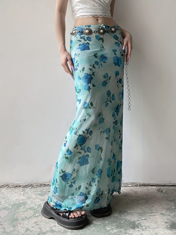 Vintage Floral Print Mesh Long Skirt with Bow - Retro Y2K Aesthetic - - Polyester Blend - Knit Fabric - Seasonal All Year Round - Exclusive Collection