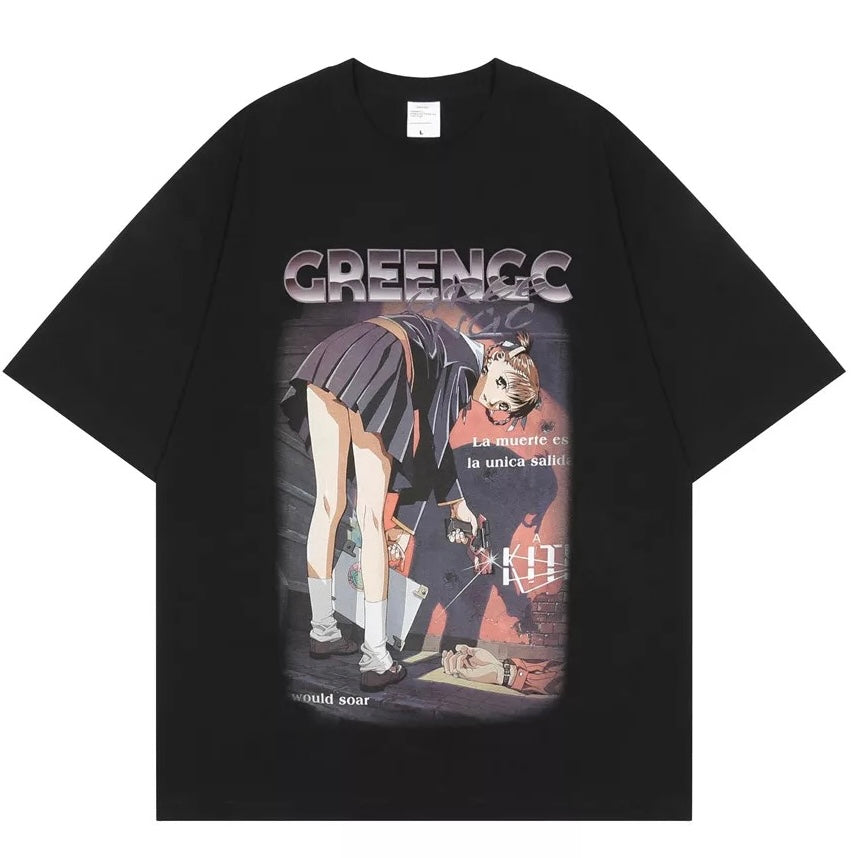 Camiseta de chica de anime con escena del crimen 