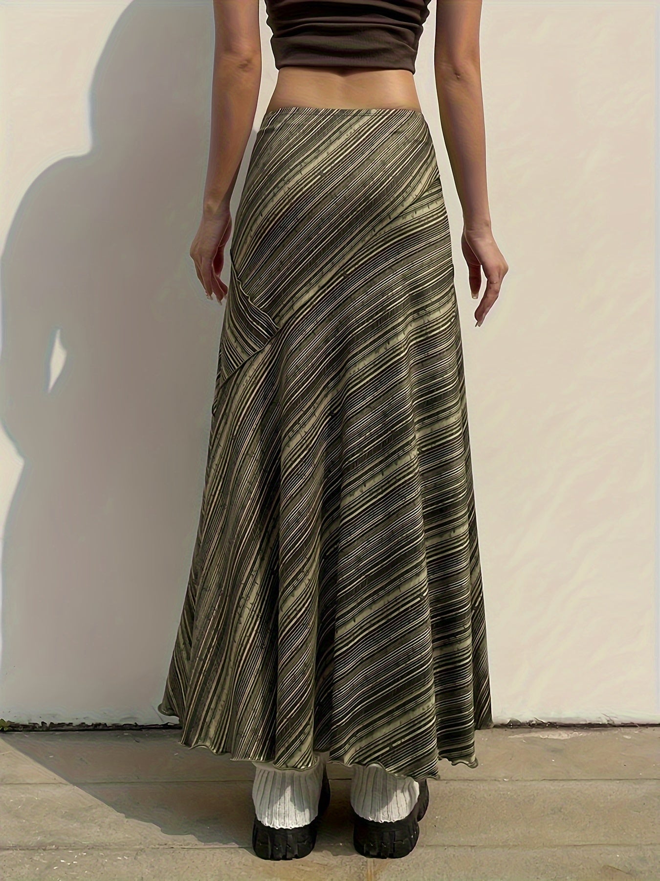 Striped Lace Stitching Skirt, Y2K Ruffle Hem Maxi Skirt, Clothing