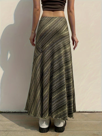 Striped Lace Stitching Skirt, Y2K Ruffle Hem Maxi Skirt, Clothing
