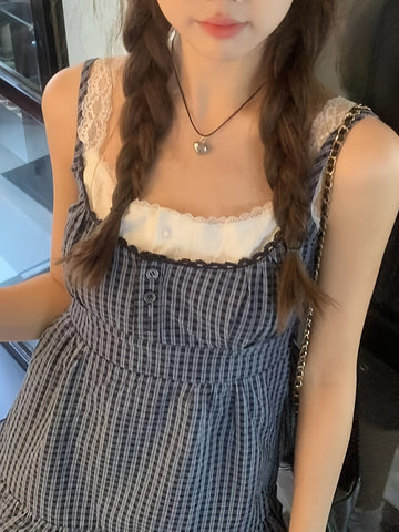 Y2K Checkered Faux Two-Piece Lace Layered Tank Top for Japanese And Korean Style.