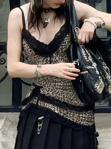 Y2K Leopard Print Cami Top with Lace Trim and Bow Detail, V-Neck, Polyester Blend - Stylish Tank