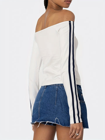 Y2K Style Polyester Knit Crop Top - Off-the-Shoulder Long Sleeve with Number Print - Solid Color T-Shirt for Spring/Summer/Fall