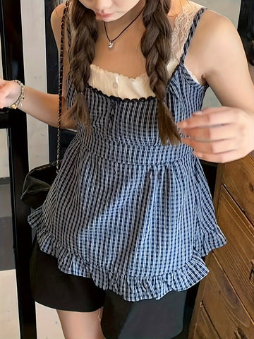 Y2K Checkered Faux Two-Piece Lace Layered Tank Top for Japanese And Korean Style.