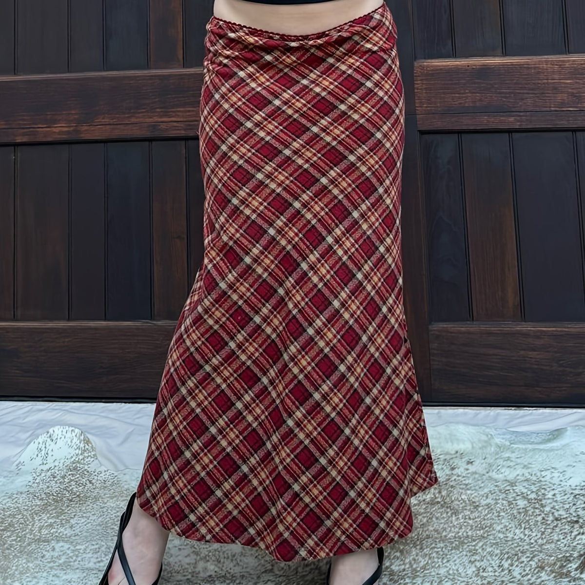 Y2K-Inspired Harajuku Plaid Maxi Skirt with Mermaid Hem - Stretchy Polyester Blend, Machine Washable, Red & Black Checkered Pattern for All Seasons, Allseason Fashion|Bold Pattern Skirt|Flexible Clothing