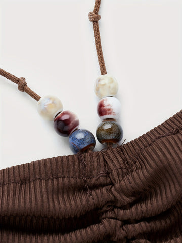 Solid Color Stretchy Polyester Blend Halter Neck Top - Y2K-Inspired Beaded Detail, Perfect for All Seasons