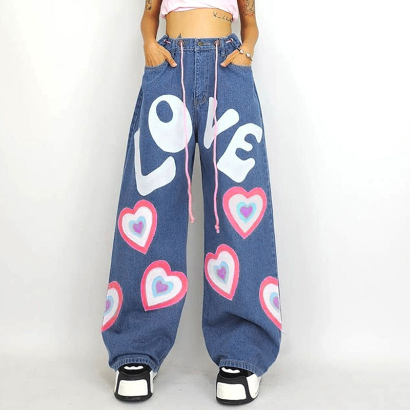 Y2K Indie Girl Heart Baggy Jeans