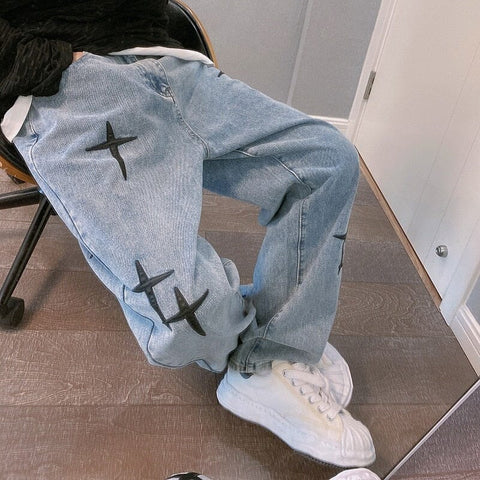 Baggy Pants mit gestickten Sternen Y2K