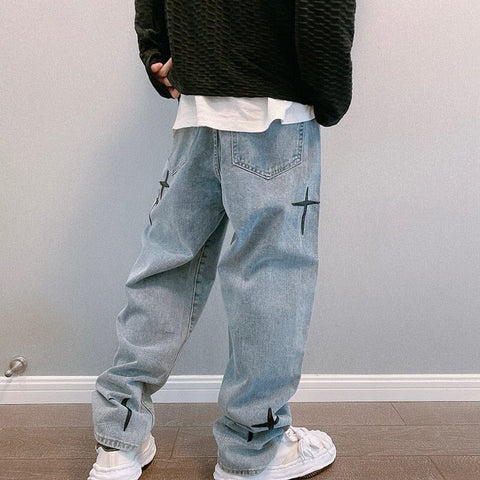 Baggy Pants with Embroidered Stars Y2K