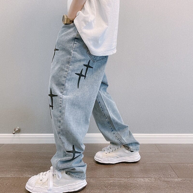 Baggy Pants with Embroidered Stars Y2K