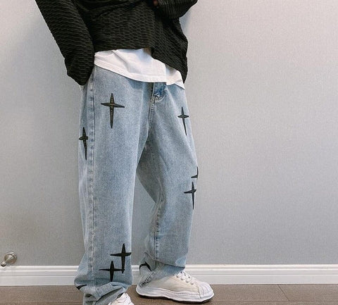 Baggy Pants with Embroidered Stars Y2K