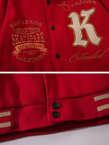 Chaqueta de PU con parches y bordado de béisbol