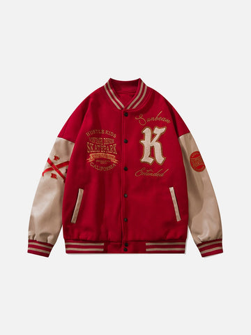 Baseball-Stickerei-Patchwork-PU-Jacke