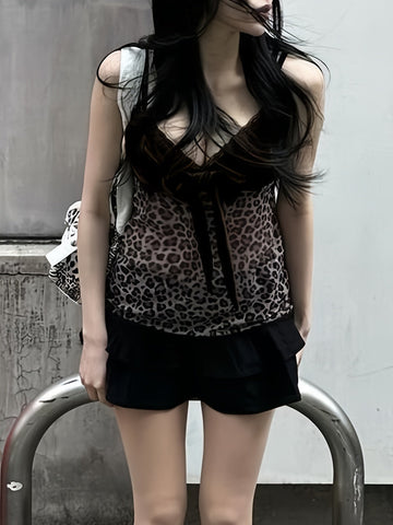 Y2K-Inspired Leopard Print and Velvet V-Neck Camisole with Lace Detailing and Bow Accent, Adjustable Straps - Stylish French Streetwear