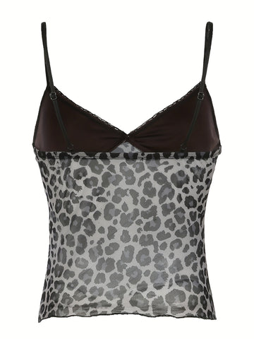Y2K-Inspired Leopard Print and Velvet V-Neck Camisole with Lace Detailing and Bow Accent, Adjustable Straps - Stylish French Streetwear