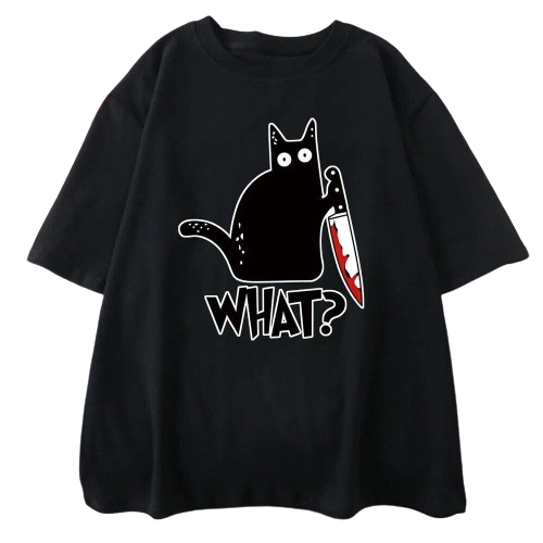 Schwarze Katze "Was" T-Shirt