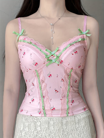 Chic Y2K Floral & Plaid Lace-Trim Cami Top - French-Inspired, Stretchy Linen Blend, Machine Washable - Perfect for All Seasons