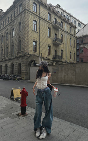 Oversized Denim Trousers with Plaid Dual Waistband Design