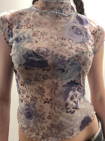 Rustic Retro Floral Mesh T-shirt Y2K Pleated Lace Contrast Color Weft Lanyard Bow Short Top French Style