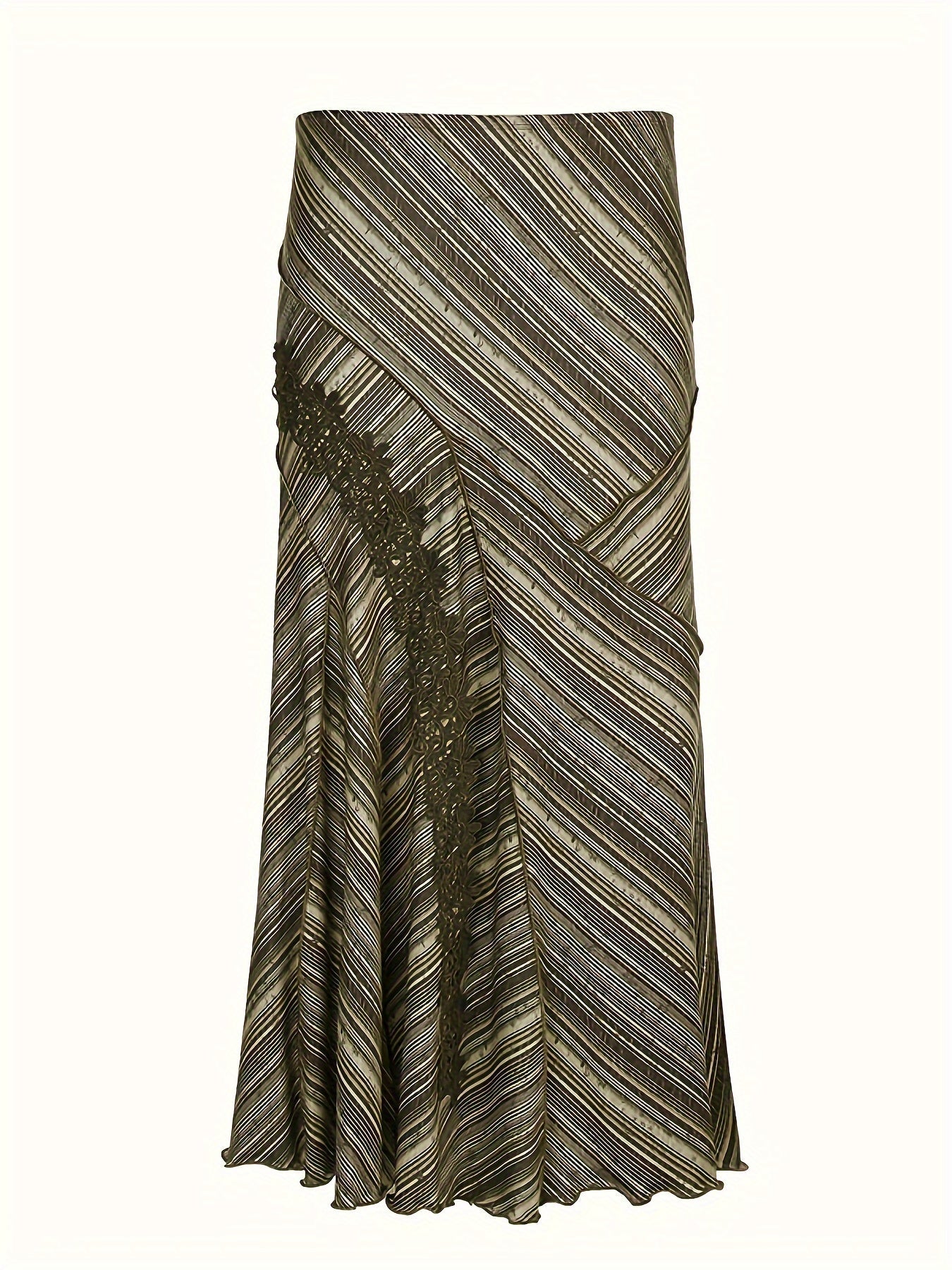 Striped Lace Stitching Skirt, Y2K Ruffle Hem Maxi Skirt, Clothing