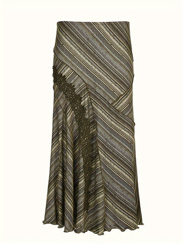 Striped Lace Stitching Skirt, Y2K Ruffle Hem Maxi Skirt, Clothing