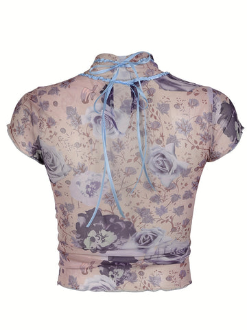 Rustic Retro Floral Mesh T-shirt Y2K Pleated Lace Contrast Color Weft Lanyard Bow Short Top French Style