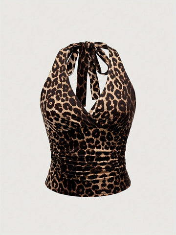 Stretchy Polyester Blend Leopard Print Halter Top - Y2K Grunge Punk Casual Ruched Detail for - Machine Washable