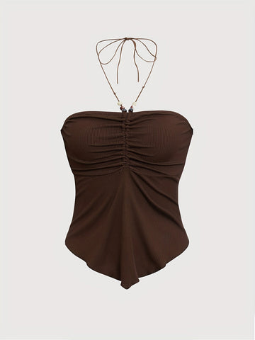 Solid Color Stretchy Polyester Blend Halter Neck Top - Y2K-Inspired Beaded Detail, Perfect for All Seasons