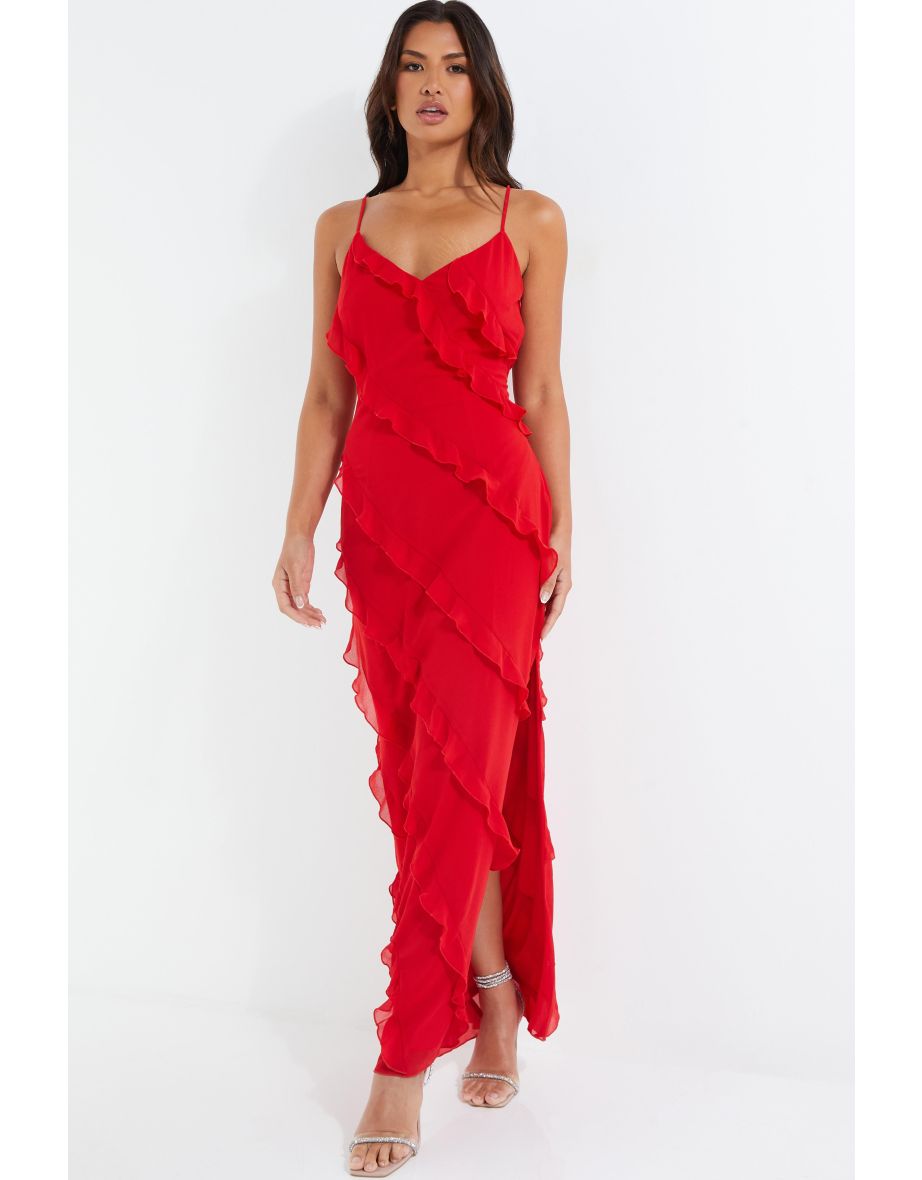 Ruffle Tie Backless Slip Maxi Dress - Red