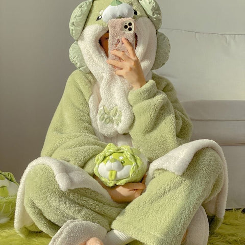 Cartoon Cabbage Puppy Hooded Jumpsuit Pajamas Set