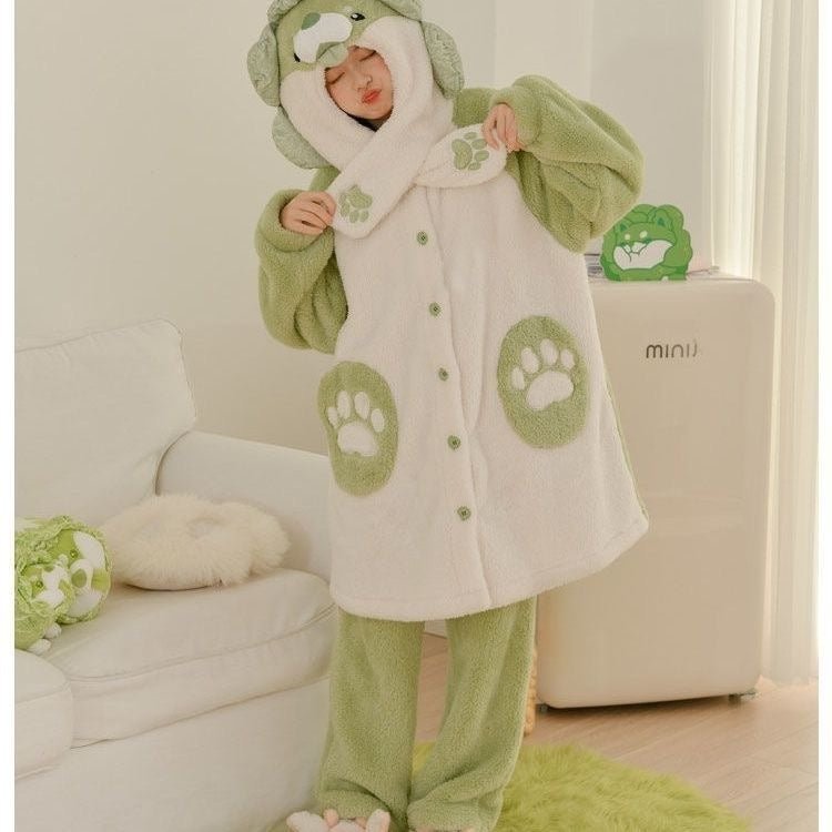 Cartoon Cabbage Puppy Hooded Jumpsuit Pajamas Set