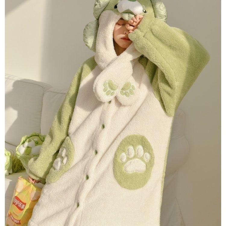 Cartoon Cabbage Puppy Hooded Jumpsuit Pajamas Set